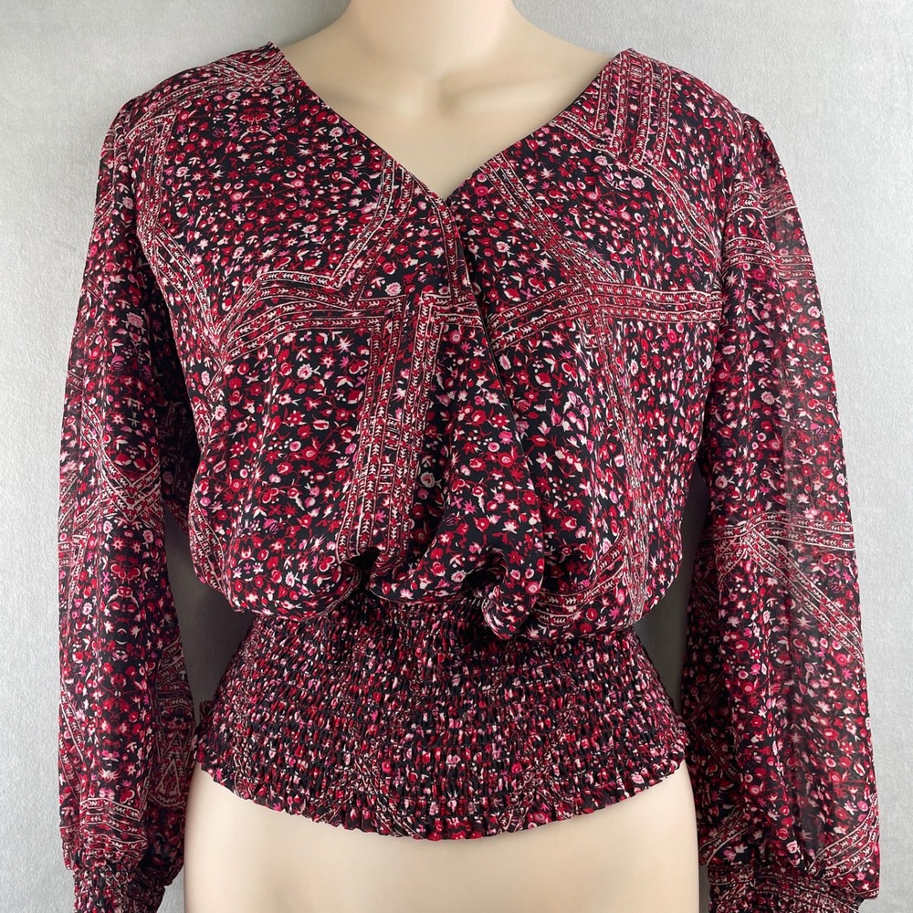 OLM Red‎ Floral Smocked Waist Surplice V-Neck Blouse Cottagecore Romantic Wmns M